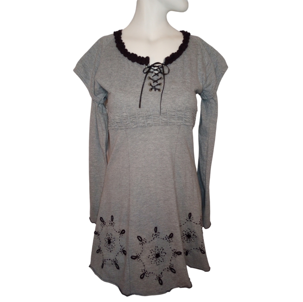 Vintage Cotton Crochet Embellished Midi Dress Grey Brown Unique India Medium